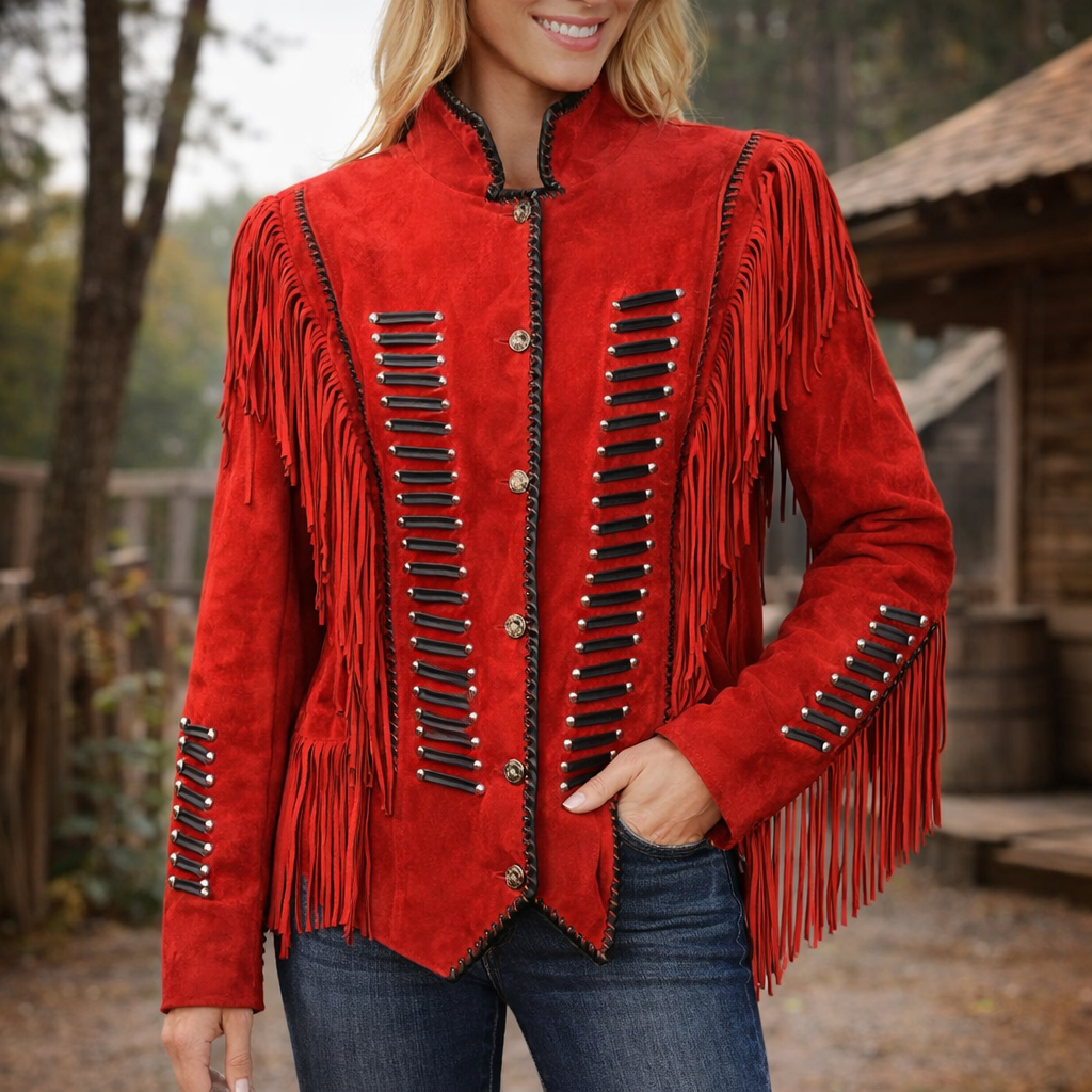 Women American Native Western Suede Leather Jacket Fringed & Beaded - Red