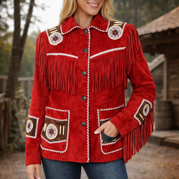 Women American Native Red Contrast Suede Leather Jacket Fringed & Beaded