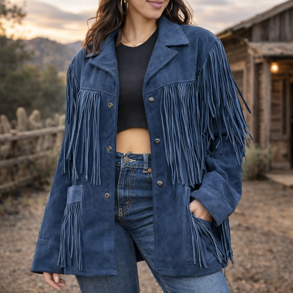 Women Blue Suede Leather Jacket With Fringes - American Native Western Style