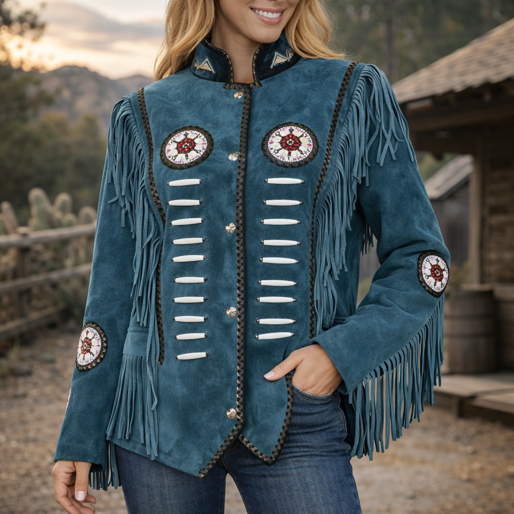 Women Suede Leather American Native Style Jacket Fringed & Beaded - Blue