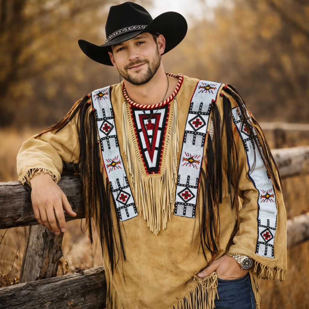 Men Traditional Wear Western Style Suede Leather Warrior Shirt Fringes & Beaded
