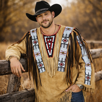 Men Traditional Wear Western Style Suede Leather Warrior Shirt Fringes & Beaded