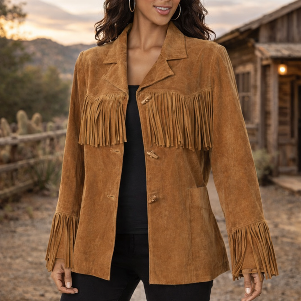 Women Brown Western Style Suede Leather Coat Fringed With Buttons Closure