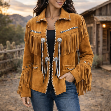 Women Tan Brown Western Style Suede Leather Jacket Fringe & Contrast Thread Work
