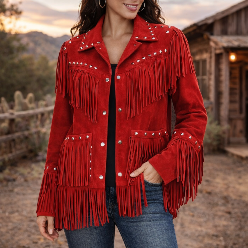 Women Red Suede Leather American Native Western Style Jacket With Fringes