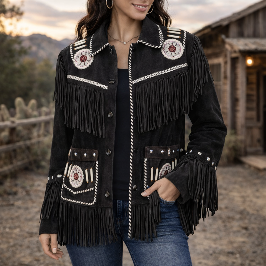 Women Black Contrast Suede Leather Jacket Fringed & Beaded - American Native