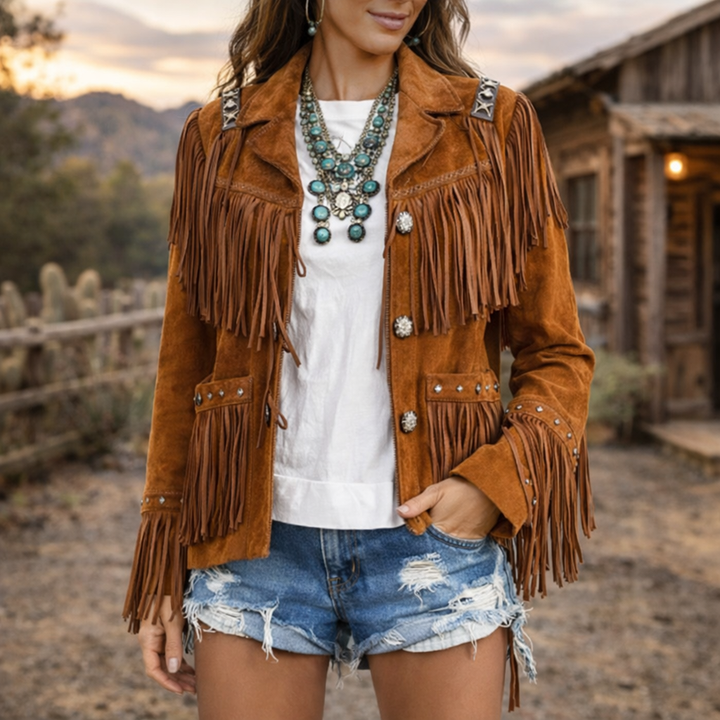 Women Brown Western Cowboy Style Suede Leather Jacket With Fringe & Beaded Work