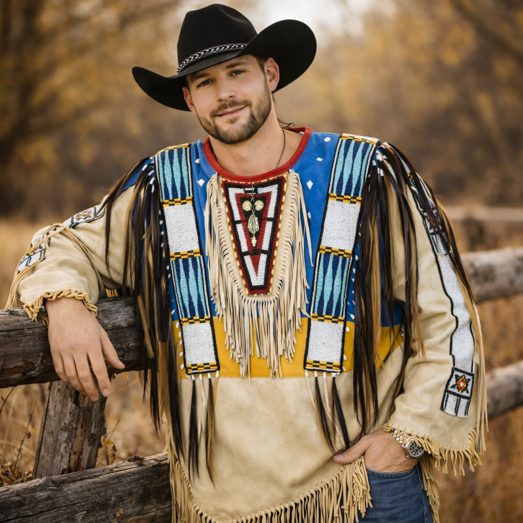 Men Traditional Wear Western Style Suede Leather Warrior Shirt Fringes & Beaded