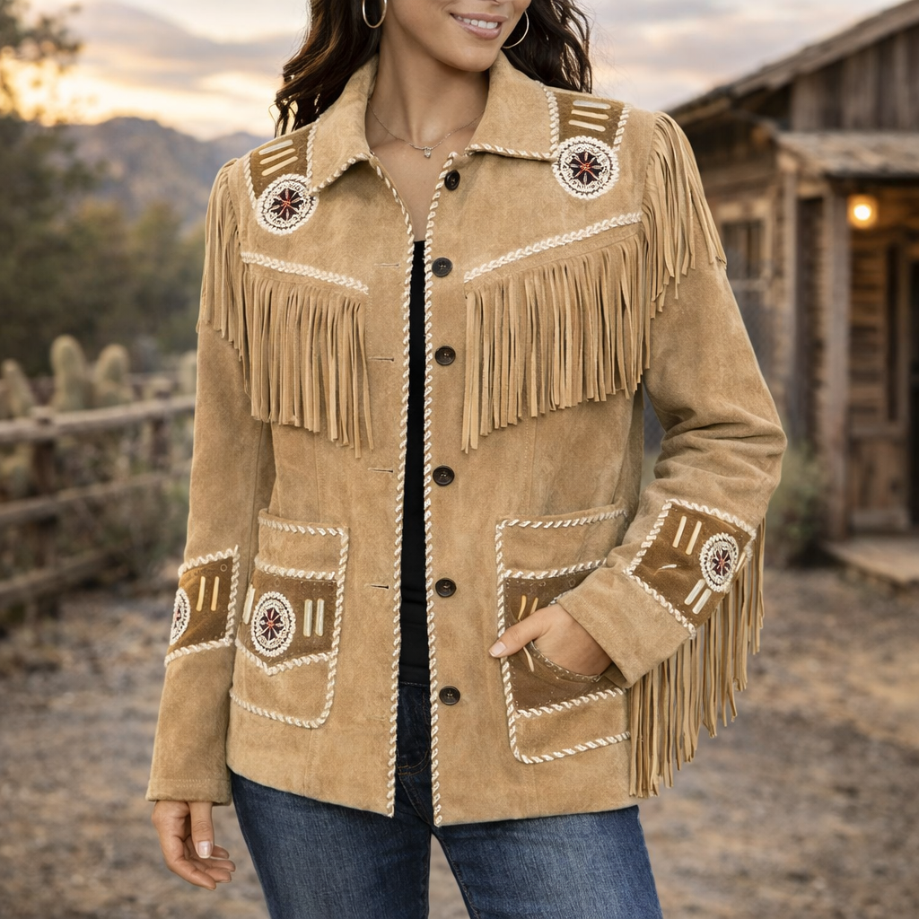 Women Beige Suede Leather Jacket Fringed & Beaded - American Native