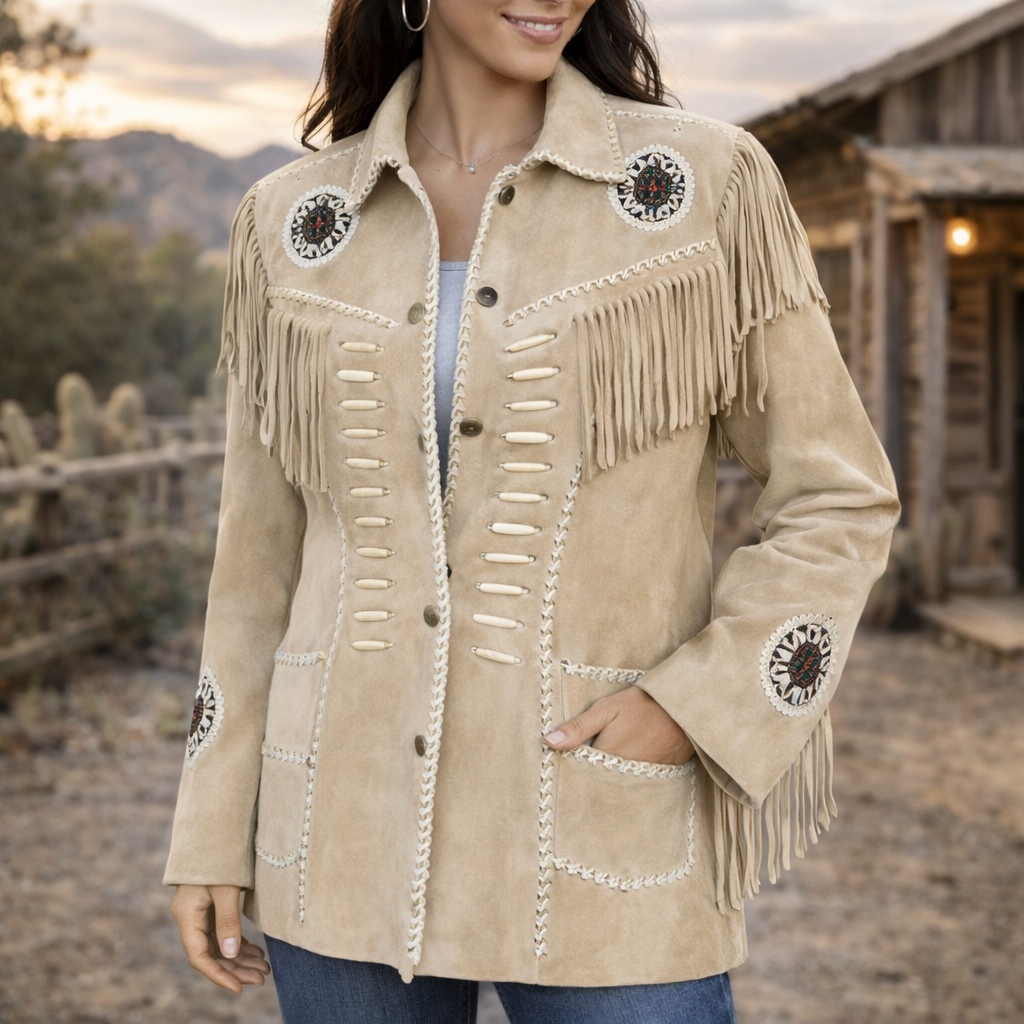 Women Beige White Suede Leather Jacket Fringed & Beaded - American Native