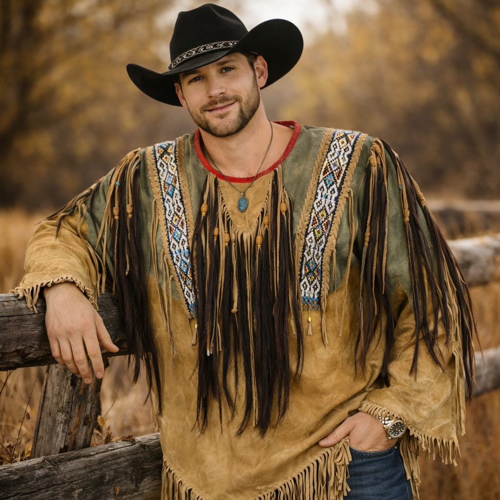 Men Traditional Wear Western Style Suede Leather Warrior Shirt Fringes & Beaded