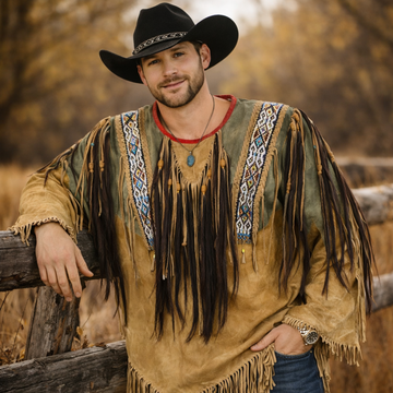 Men Traditional Wear Western Style Suede Leather Warrior Shirt Fringes & Beaded