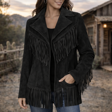 Women Suede Leather American Native Style Jacket Fringed - Black