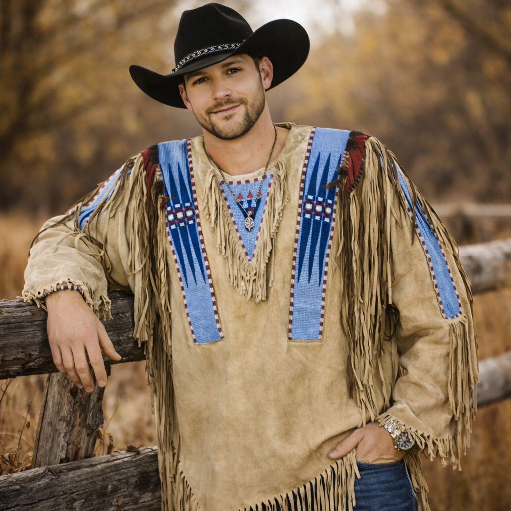 Men Traditional Wear Western Style Suede Leather Warrior Shirt Fringes & Beaded