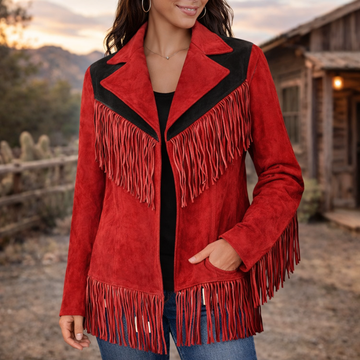 Women Suede Leather American Native Style Jacket Fringed - Red & Black