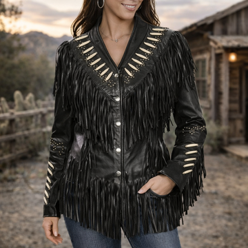 Women Western Style Real Leather Jacket Fringes & Bead Work - Black Real Leather