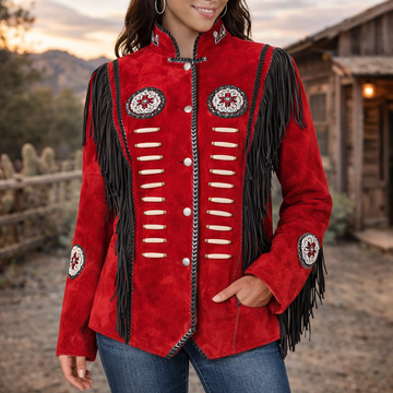 Women Suede Leather American Native Style Jacket Fringed & Beaded - Red & Black
