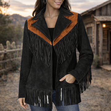 Women Suede Leather American Native Style Jacket Fringed - Black & Brown