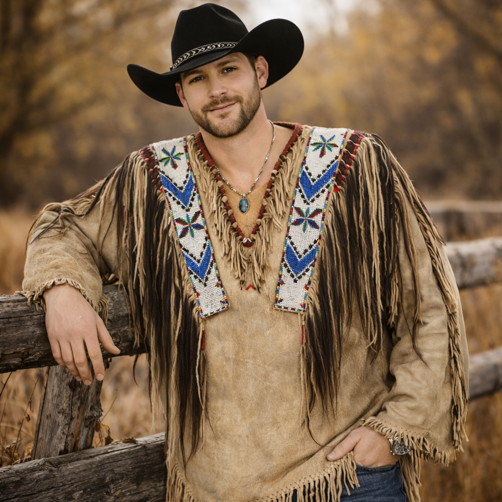 Men Traditional Wear Western Style Suede Leather Warrior Shirt Fringes & Beaded