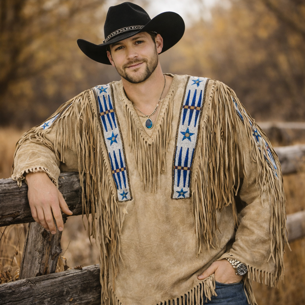 Men Traditional Wear Western Style Suede Leather Warrior Shirt Fringes & Beaded