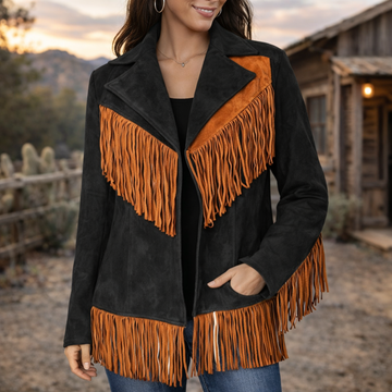 Women Suede Leather American Native Style Jacket Fringed & Beaded - Red & Black