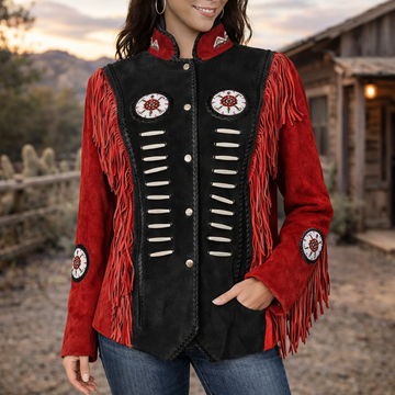 Women Suede Leather American Native Style Jacket Fringed & Beaded - Red & Black