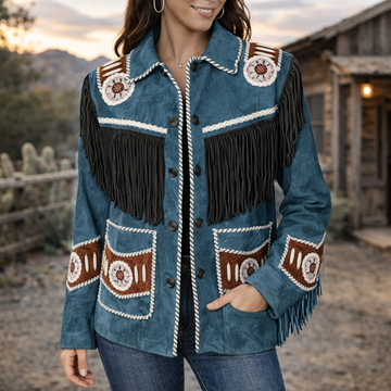 Women Blue Contrast Suede Leather Jacket Fringed & Beaded - American Native