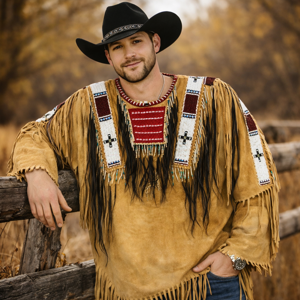 Men Traditional Wear Western Style Suede Leather Warrior Shirt Fringes & Beaded
