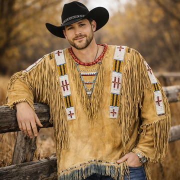 Men Traditional Wear Western Style Suede Leather Warrior Shirt Fringes & Beaded