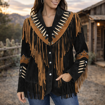 Women Native American Western Cowboy Leather Jacket Suede Contrast Fringe & Bead