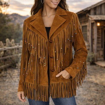 Women Brown Western Style Suede Leather Jacket Long Fringes With Beads