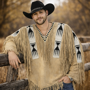 Men Traditional Wear Western Style Suede Leather Warrior Shirt Fringes & Beaded