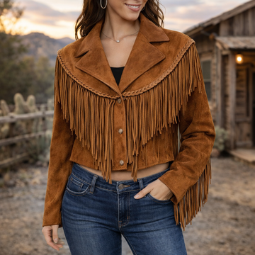 Women Brown Western Style Suede Leather Jacket With Long Real Leather Fringes