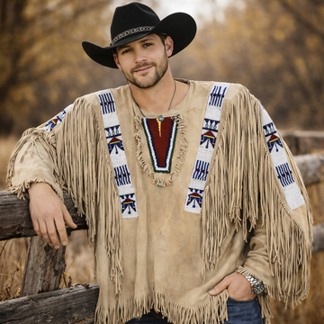 Men Traditional Wear Western Style Suede Leather Warrior Shirt Fringes & Beaded