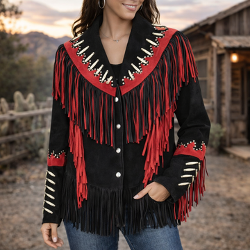 Women Black Suede Leather Jacket With Contrast Red Fringes & Beaded Work