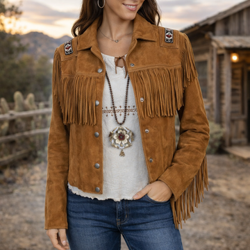 Women Western Style Suede Leather Jacket With Fringed & Beaded - Brown
