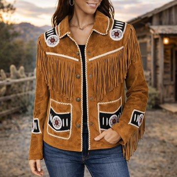 Women Golden Brown Suede Leather Jacket Fringed & Beaded - American Native