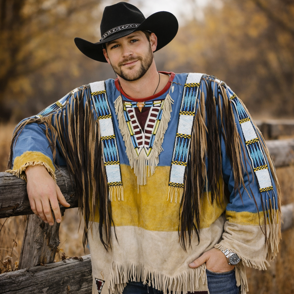 Men Traditional Wear Western Style Suede Leather Warrior Shirt Fringes & Beaded