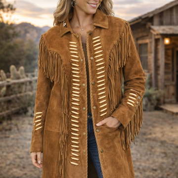 Women Tan Brown Western Style Suede Leather Coat With Fringe - Long Coat