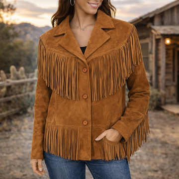 Women Tan Brown Western Style Suede Leather Coat Fringed With Buttons Closure