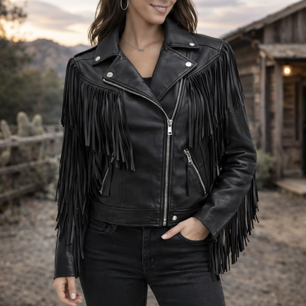 Women Black Real Leather Short Body Brando Style Jacket With Fringes