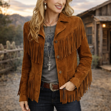 Women Suede Leather Western Style Jacket With Fringe - Reddish Brown