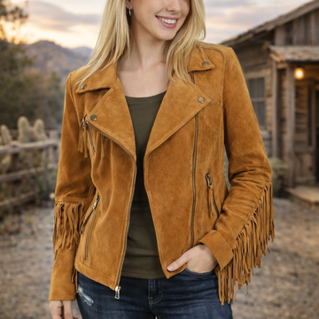 Women Western Style Suede Leather Jacket Fringe & Zip Closure - Tan Brown