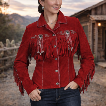 Women Red Suede Leather Jacket With Fringed & Bead Work - Short Length  Sema