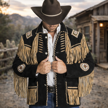 Men Western Cowboy Suede Fringe Jacket Beaded Native American Leather Jacket