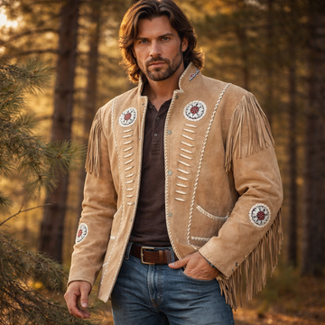 Men Western Cowboy Suede Fringe Jacket Beaded Native American Leather Jacket