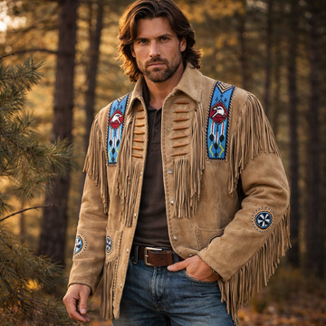 Men Western Cowboy Suede Fringe Jacket Beaded Native American Leather Jacket