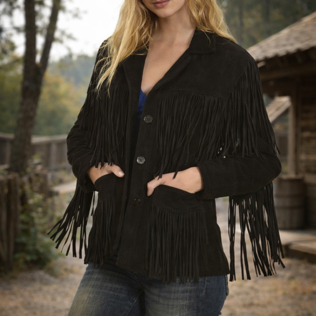 Women Native American Western Cowboy Leather Jacket Fringe Suede Jacket - Black