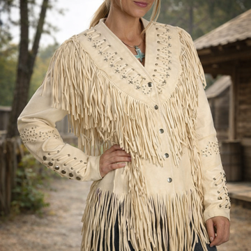 Women Western Style Real Leather Jacket Fringes & Bead Work - Cream Real Leather