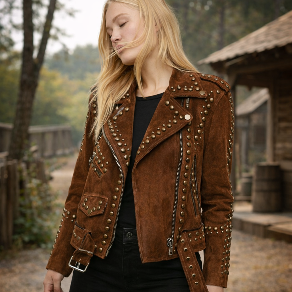 Women Brown Western Style Suede Leather Jacket Tips & Studs - Zipper